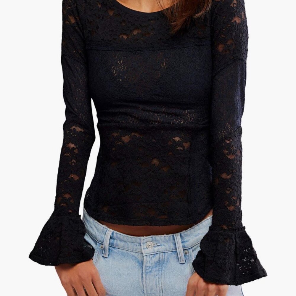 Free People Bell Sleeve Sheer Cotton Blend Lace Top